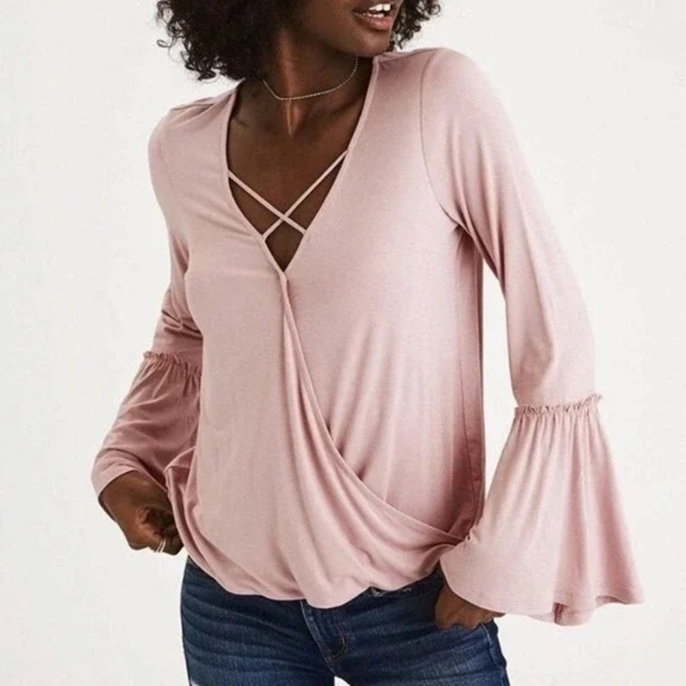 American Eagle Soft & Sexy Surplice Bell Sleeve Tee - S - Blush